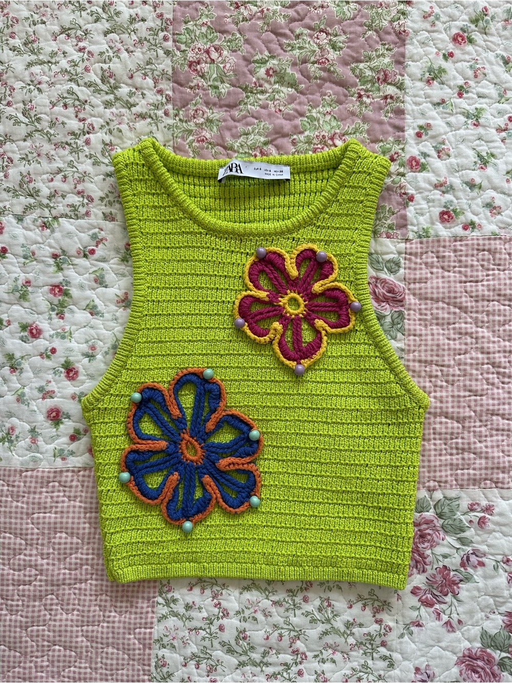 Zara Neon Lime Knit Ribbed Tank with Embroidered Flowers